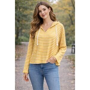 LOFT Striped Pullover Hoodie Sweater Yellow Cotton Blend V-Neck Long Sleeve Sz M